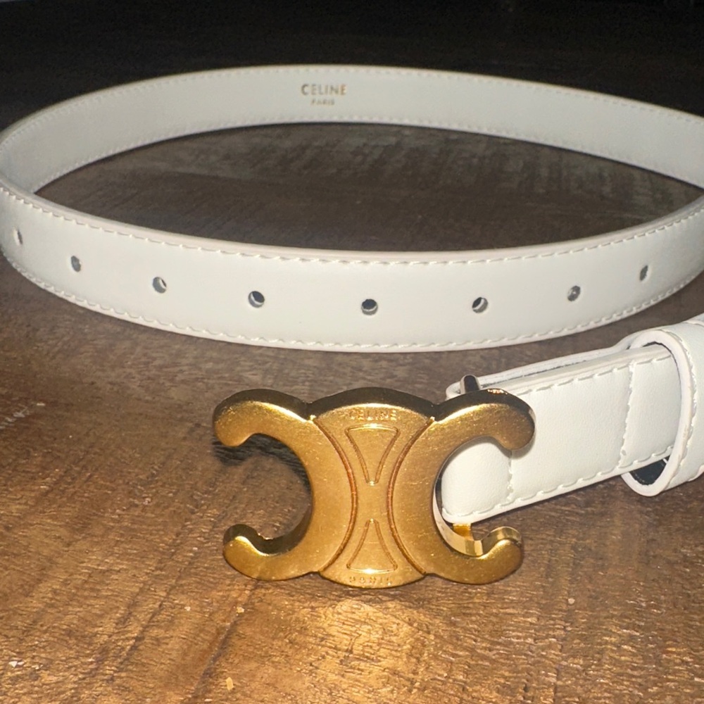 Celine White Leather Belt with Gold Triomphe Buckle